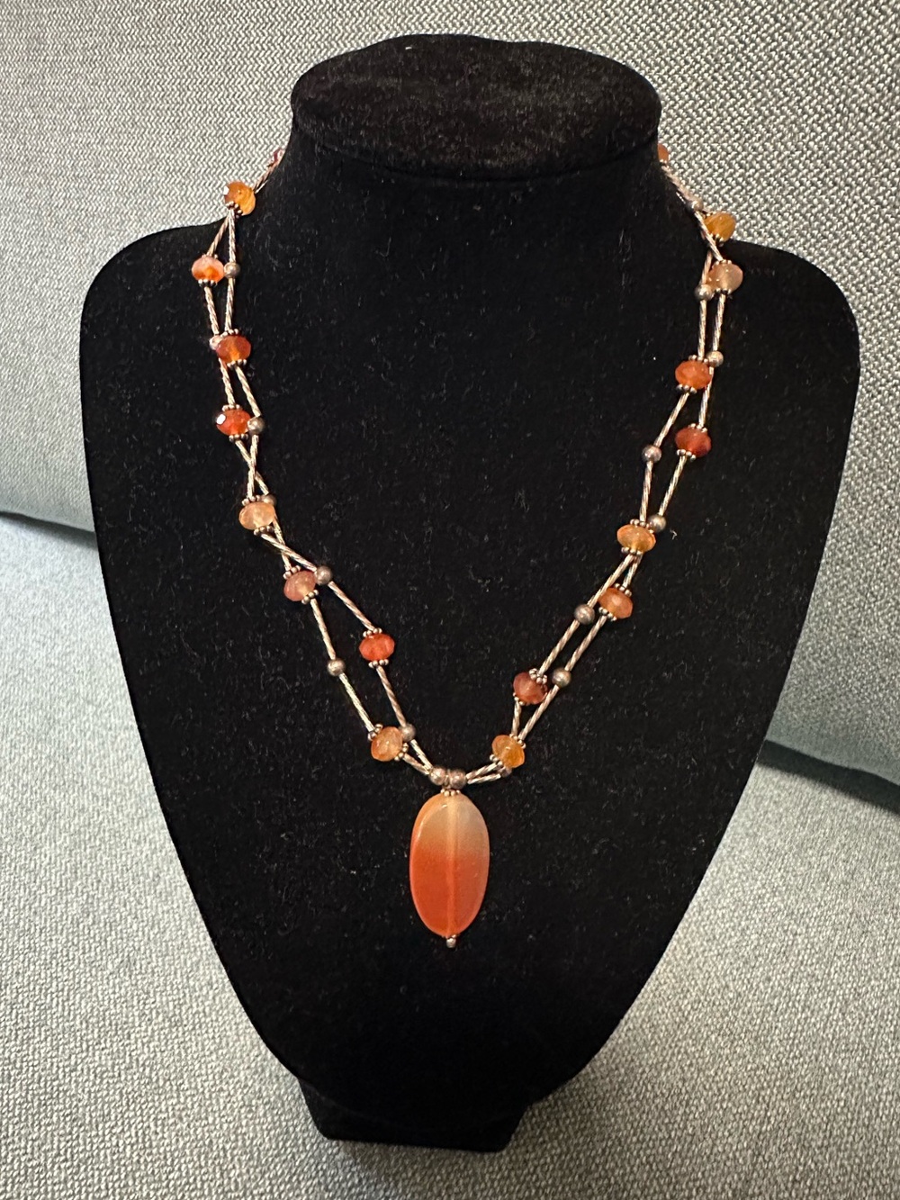 Vintage Sterling Silver Two Strand Beaded Carnelian Necklace